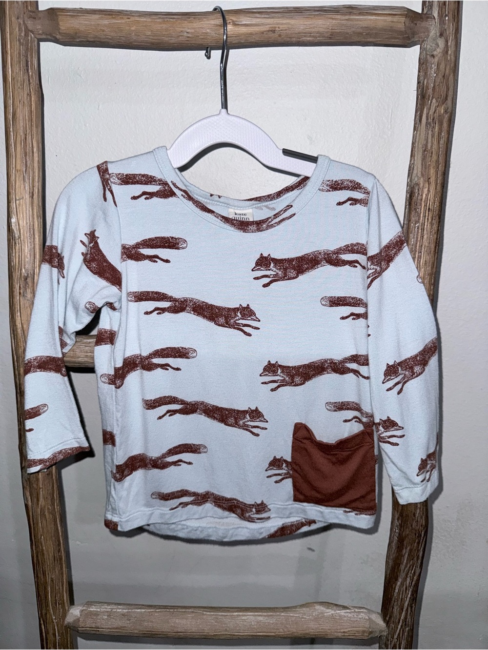Kate Quinn Jumping Foxes long sleeve pocket tee 3T baby blue 🦊